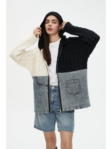 Dual Vibe Knit-Denim Hoodie