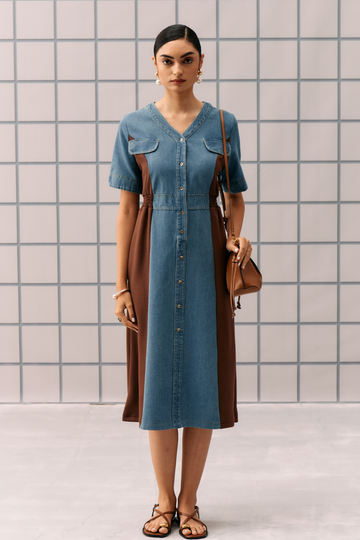Denim & Cocoa Panel Midi Dress