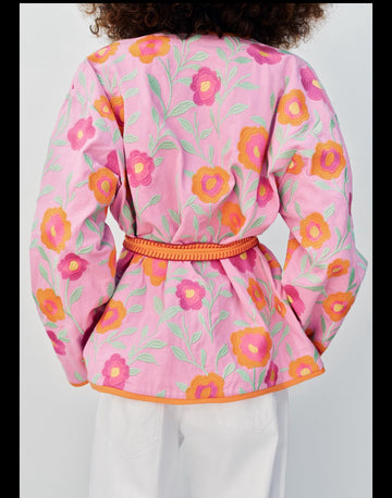Pink floral embroidered kimono with belt