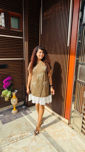 Bows beads and pleated Dress- Bestseller