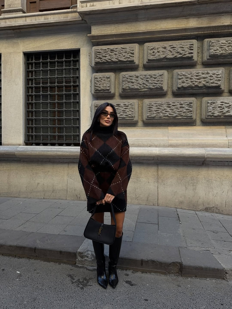 Argyle knit Skirt set