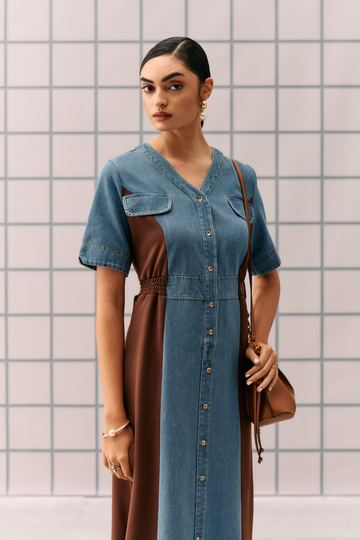 Denim & Cocoa Panel Midi Dress