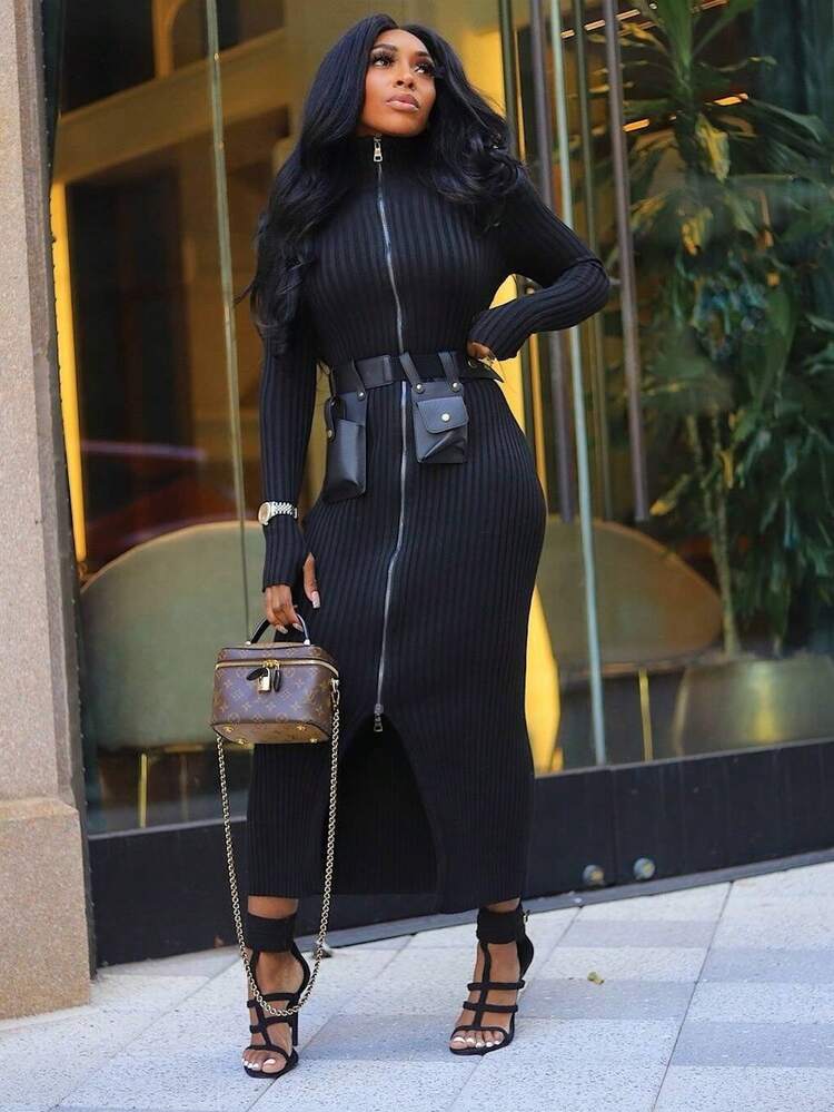 Zip-Front Ribbed Bodycon winter dress