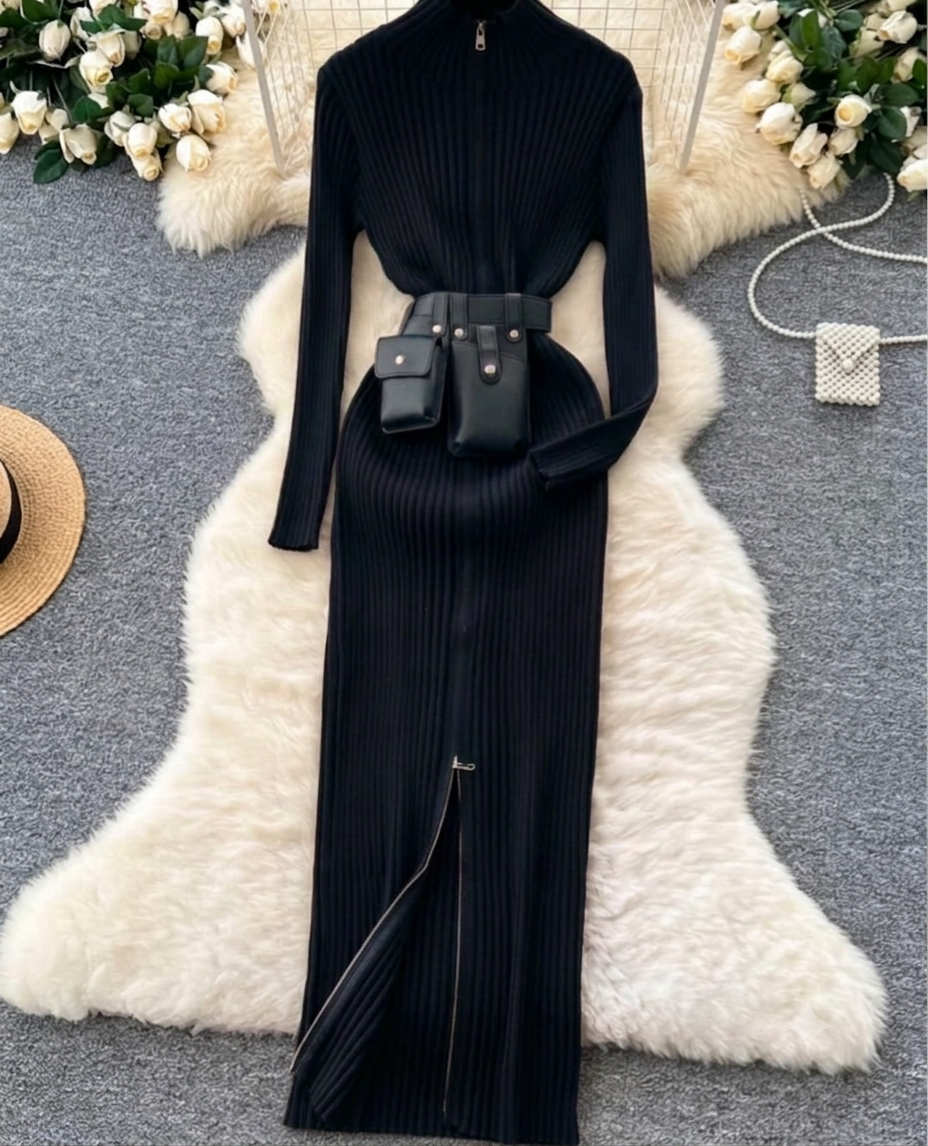 Zip-Front Ribbed Bodycon winter dress