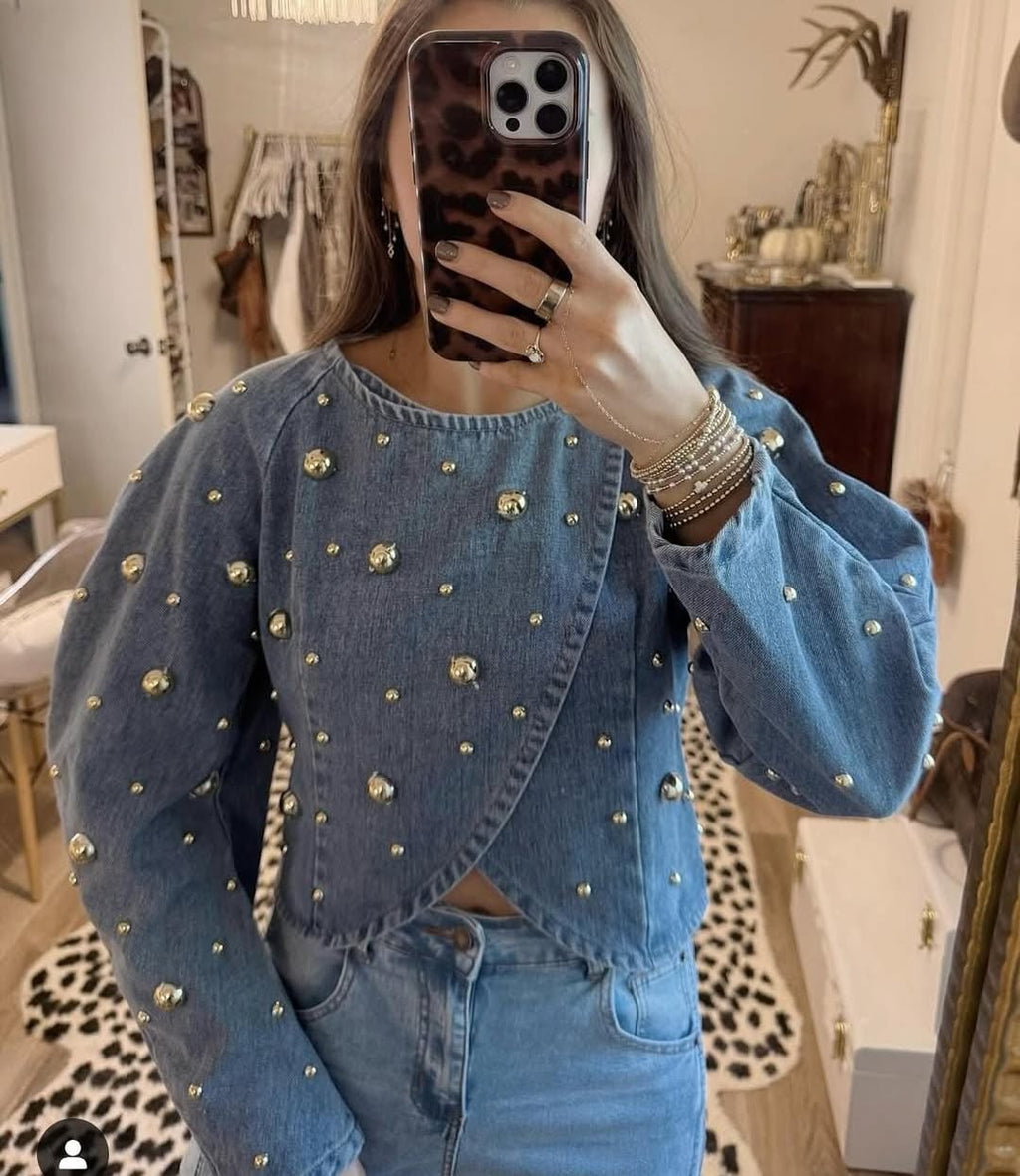 Studded sapphire denim Top- Bestseller