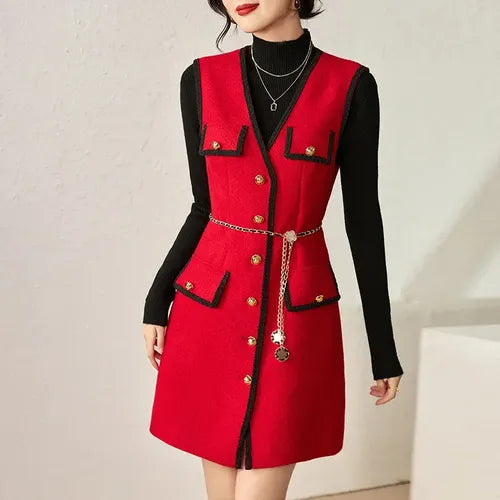 Crimson muse winter dress with knitted high neck inner